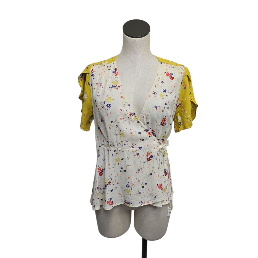 Meadow Rue Anthropologie Bon Voyage Floral Wrap Top Blouse‎ Size 8 Yellow Ivory
